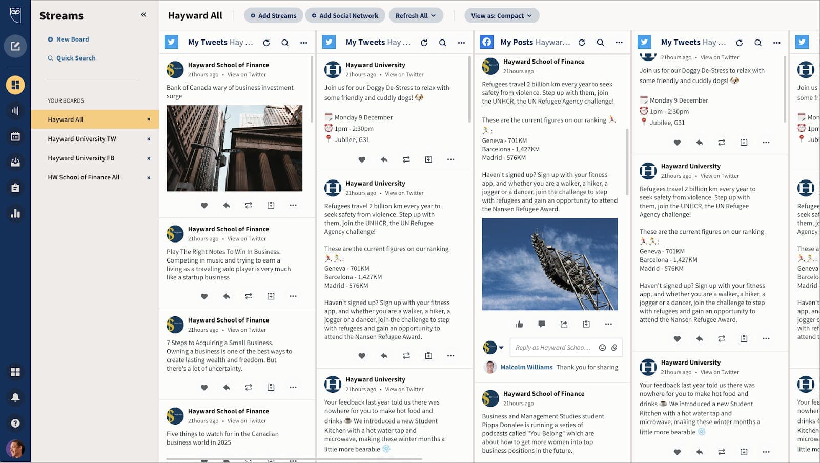 Image of Hootsuite Streams dashboard for social media monitoring showing social feeds
