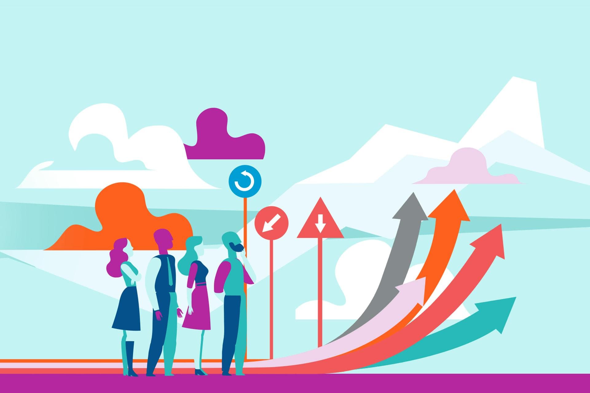 Four people looking right, past three direction signs, to five, multicolored arrows. This image is for a guide about operational efficiency.