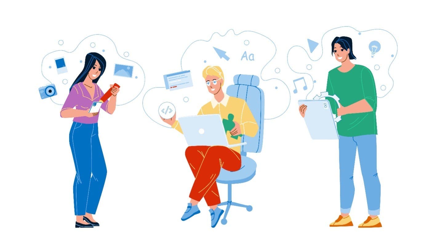 Three people explore content on their laptops, mobile phones, and tablets in this image for a blog about user-generated content.