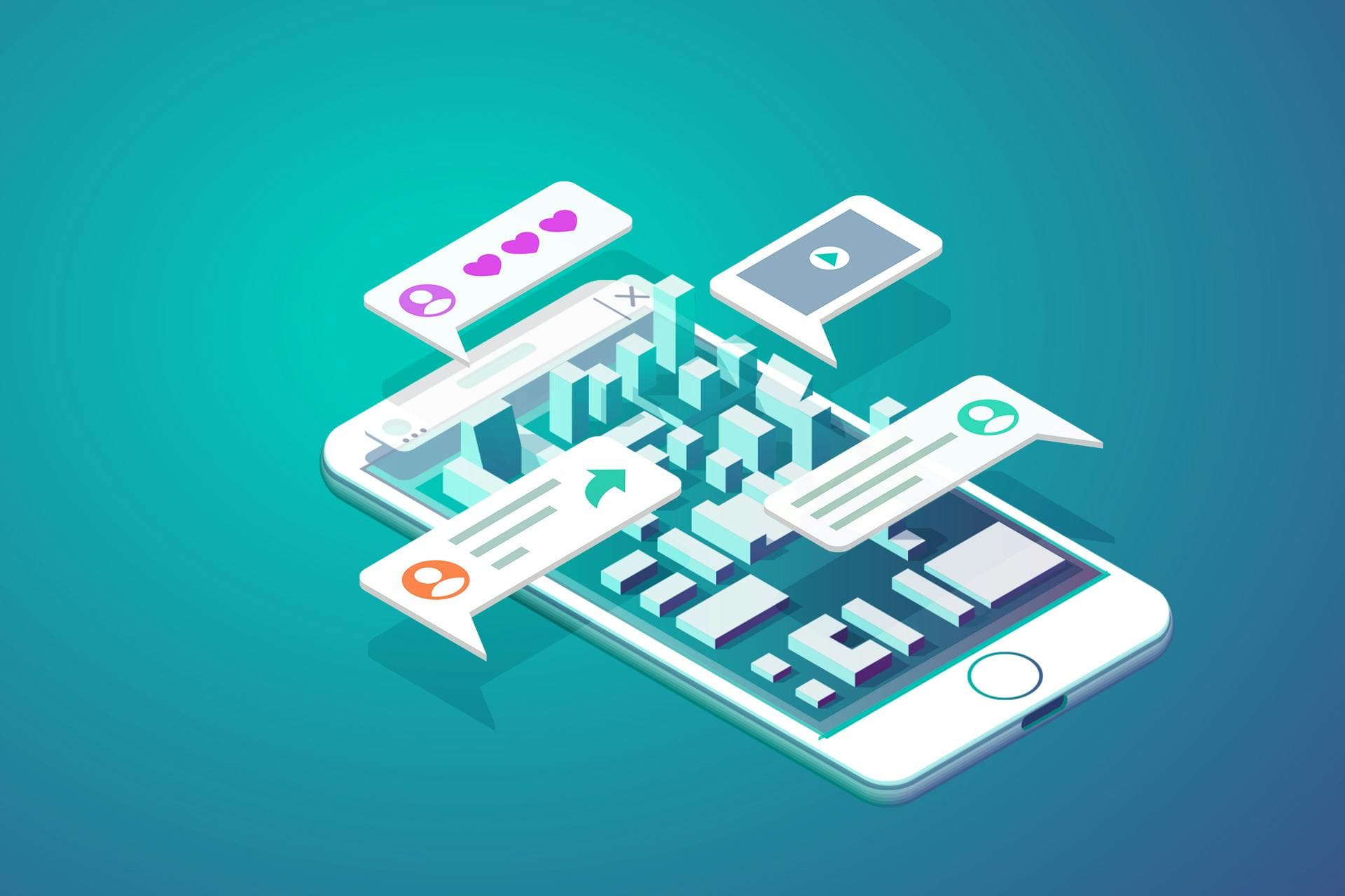 iphone illustration with social media speech bubbles