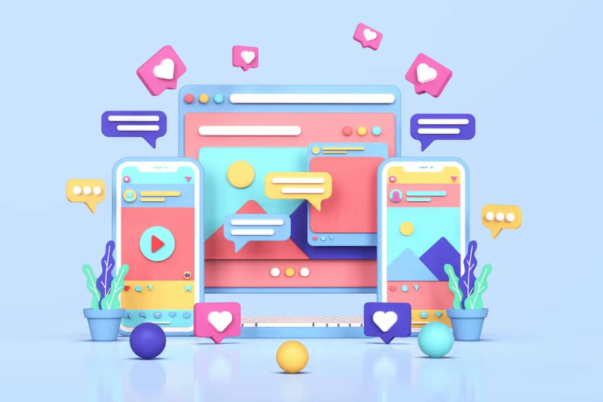 Icons von smartphones und computer die nachrichten zeigen und social media ausschnitte in verschiedenen farben