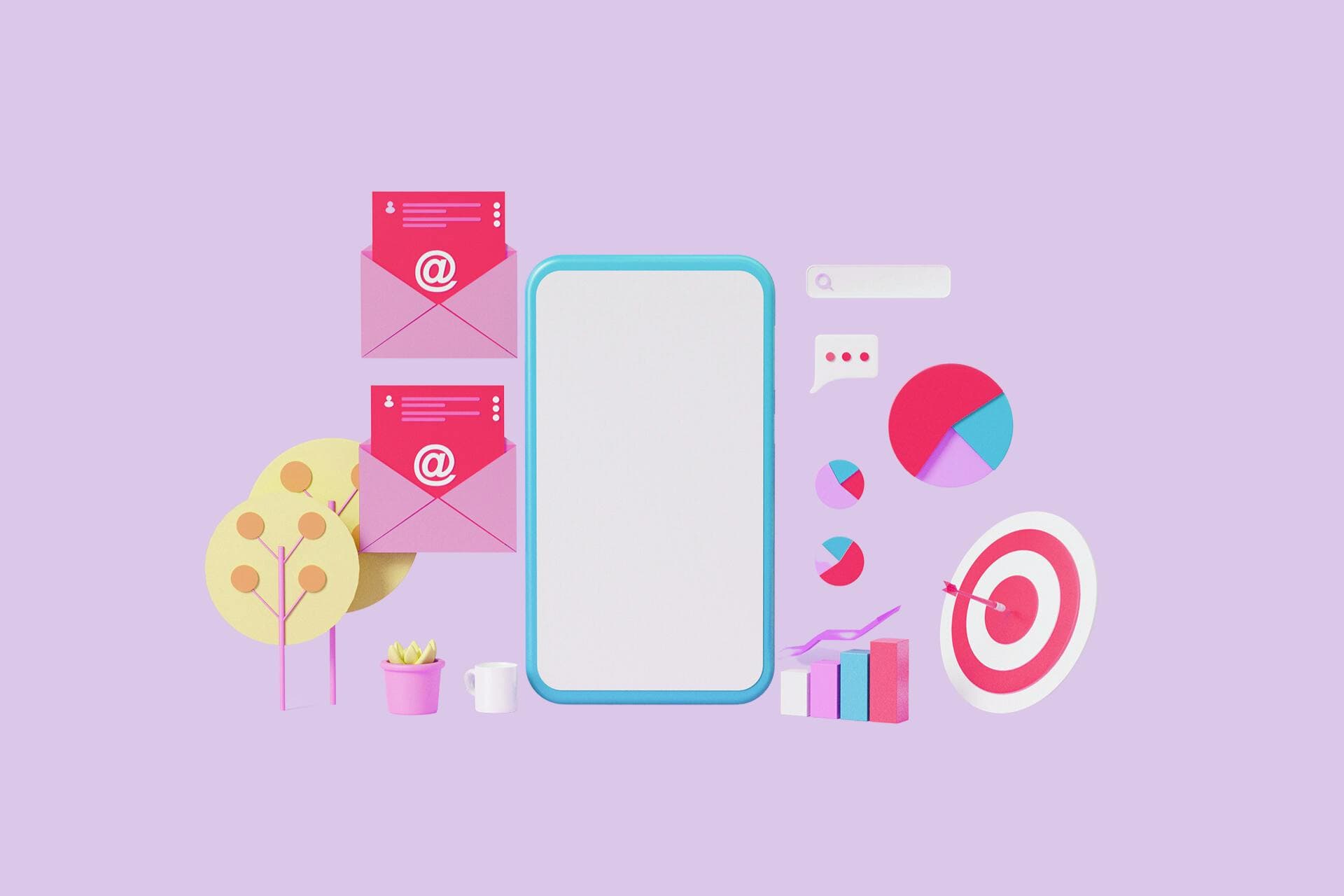 Mehrere Icons auf einem rosafarbenen Hintergrund, in der Mitte ist ein Handy zu sehen und drumherum E-Mail-Icons, Kreisdiagramme, Chat-Symbole und weitere Diagramme.