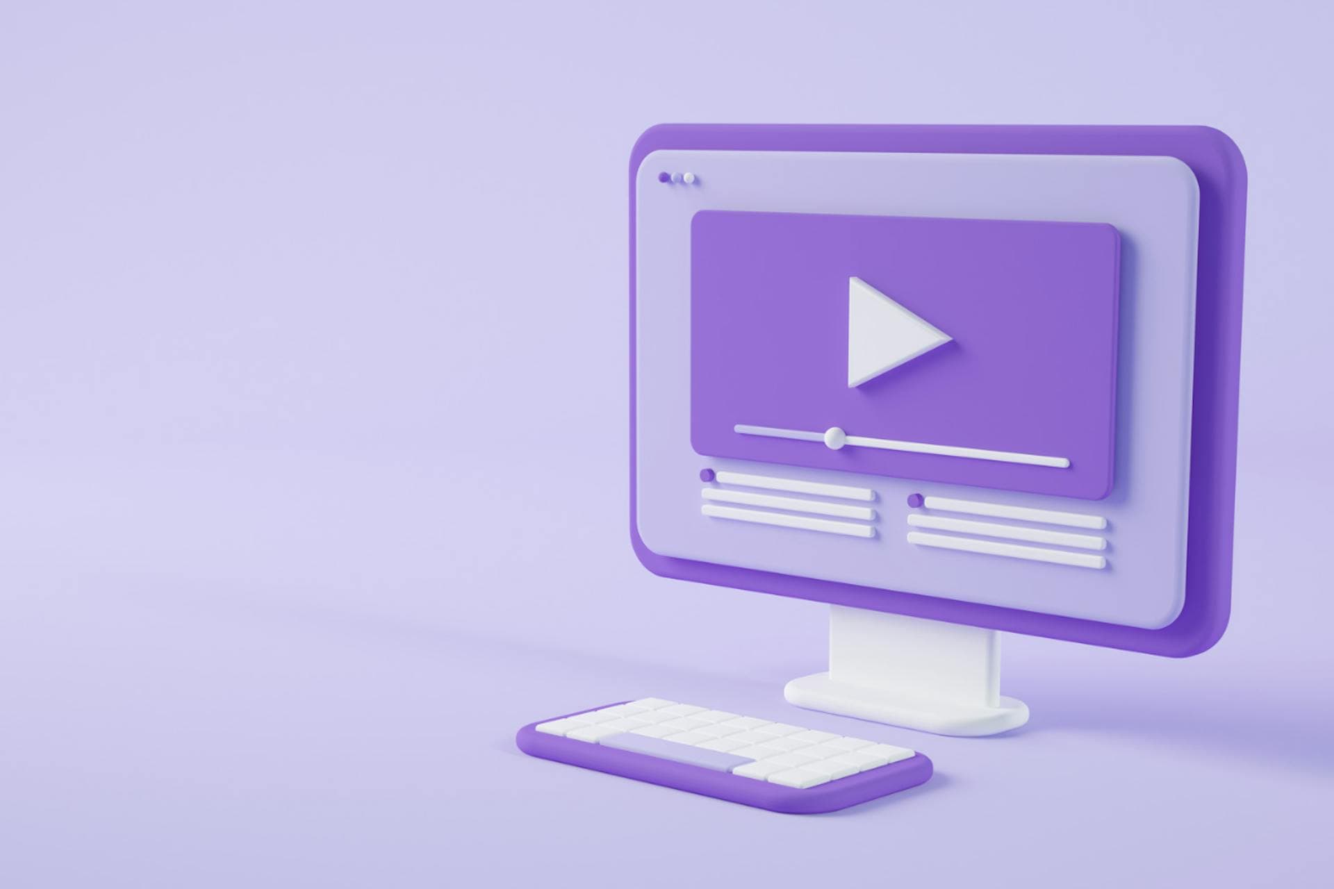 Ordinateur avec picto vidéo sur fond violet