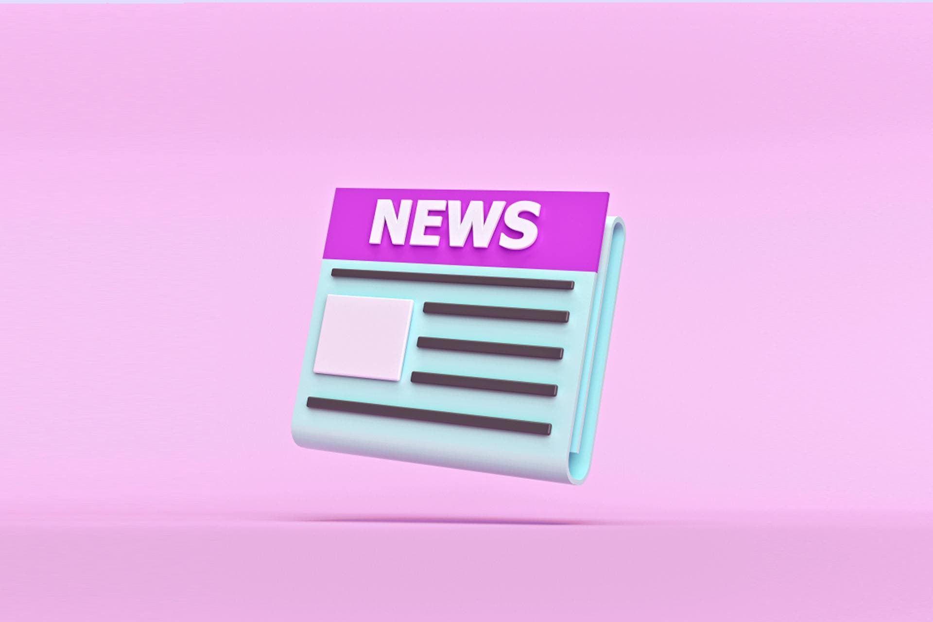 Looking for the latest social media news? This blog has it. This image of a cartoon newspaper against a solid pink background conveys the message that news is being broadcast