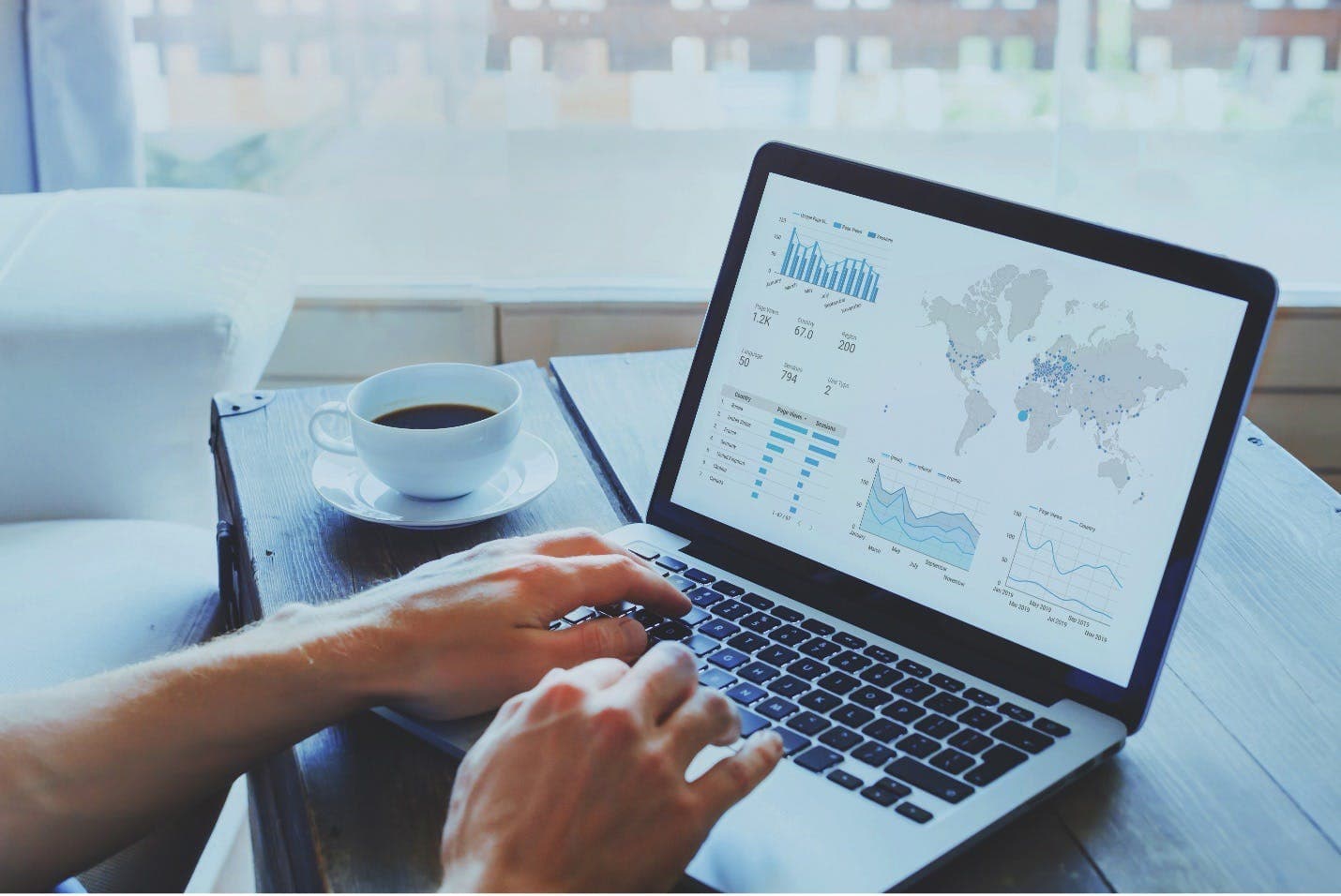 A person working on a laptop that is displaying a dashboard showing various social media analytics.