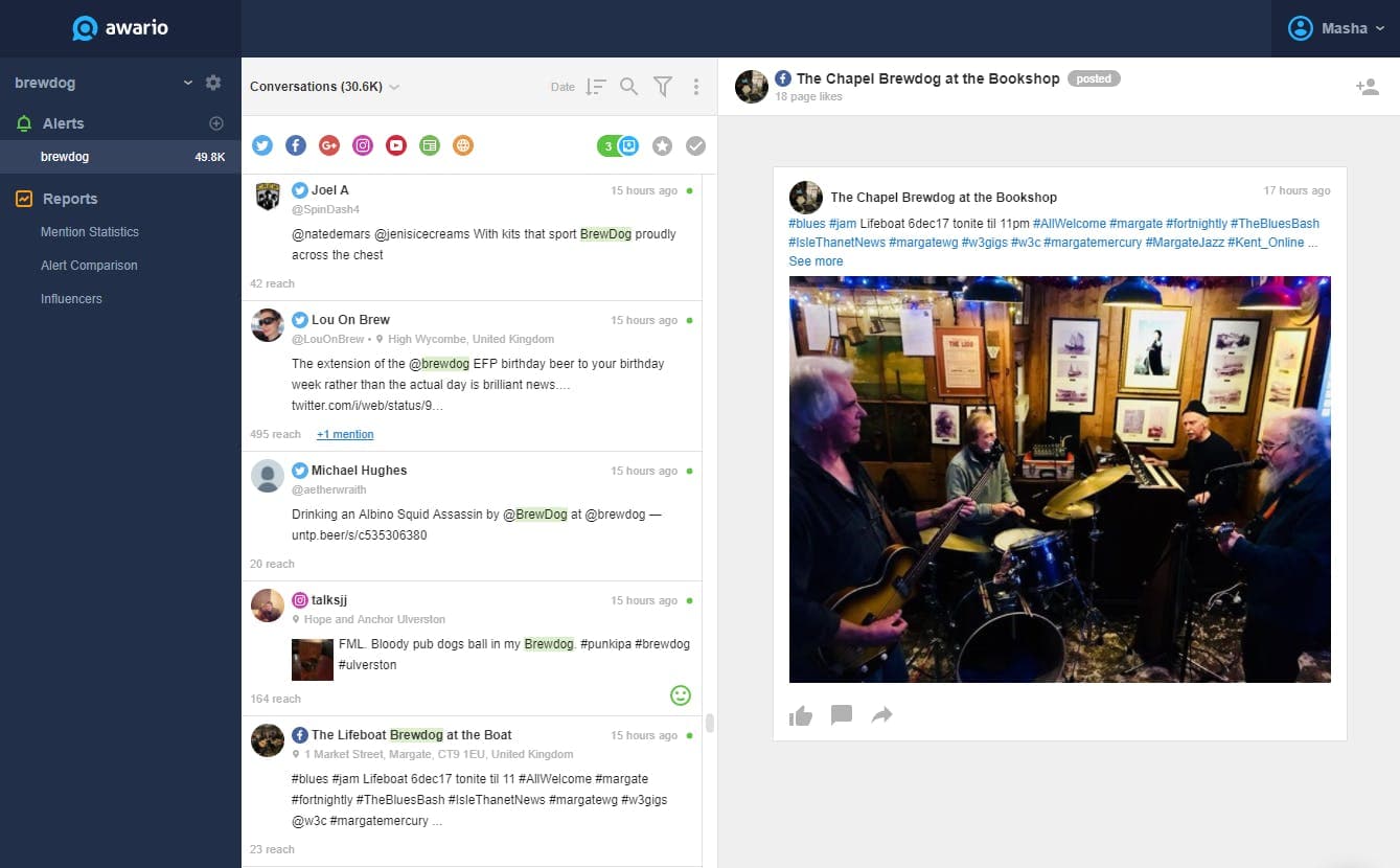 Awario's dashboard for social media monitoring showing two media panels and an action panel on the left