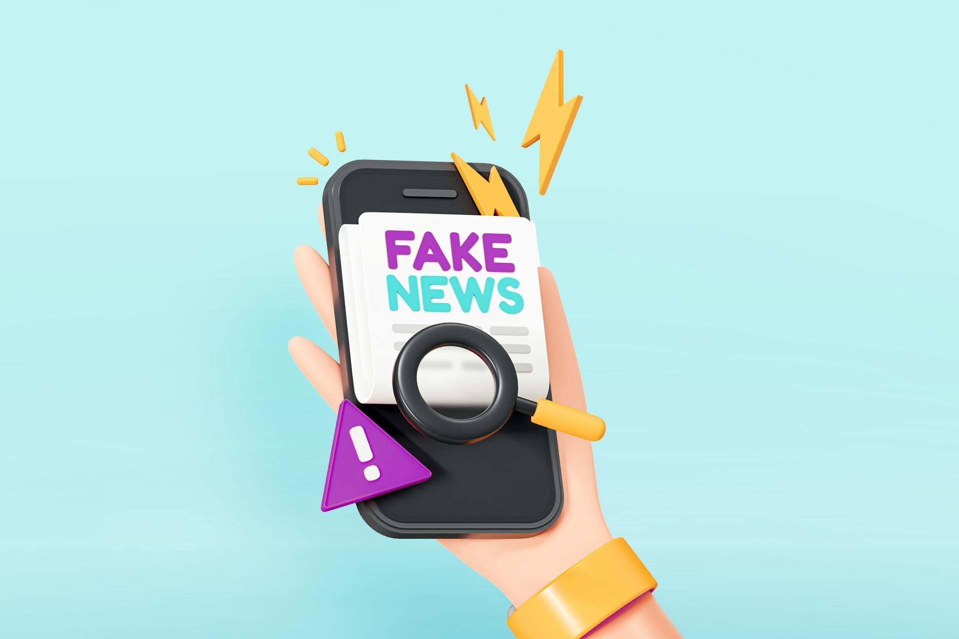 An illustration of a smartphone showing Fake News on its screen. 