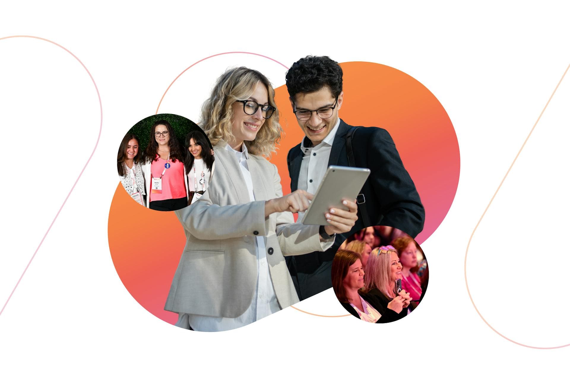 An image of two smiling marketing directors looking at an iPad. There are also two small bubbles with images from the Meltwater Summit 2025. Cover image for the Summit Marketing playbook.