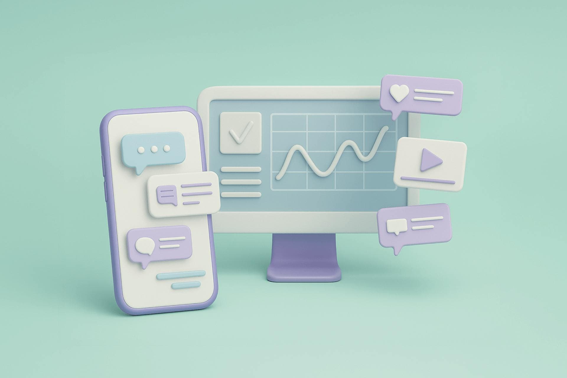illustration of a desktop monitor and smartphone with charts and graphs representing earned media monitoring