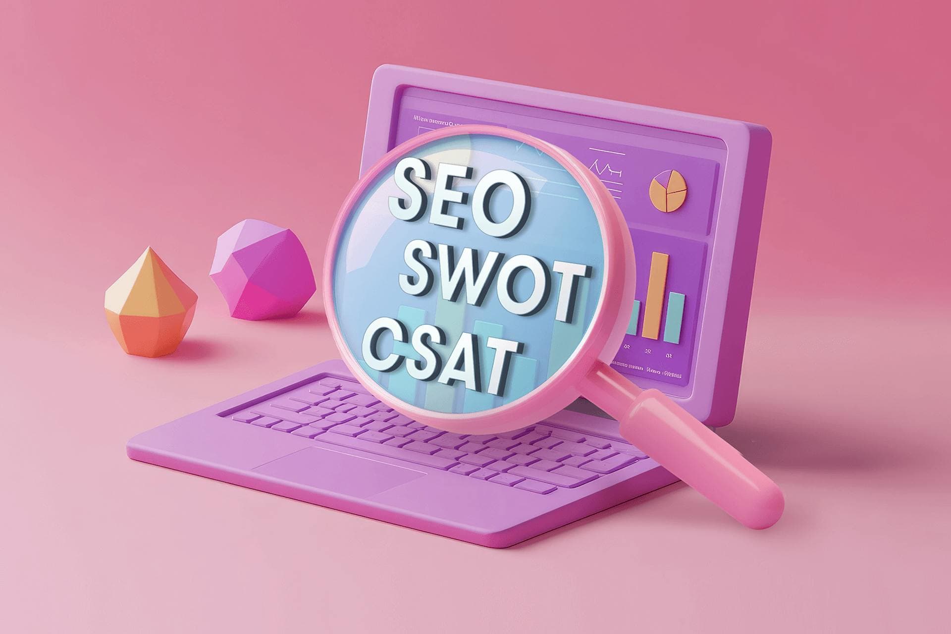 Illustration eines Laptops mit einer Lupe, die SEO, SWOT und CSAT als Wettbewerbsanalyse-Tools darstellt.