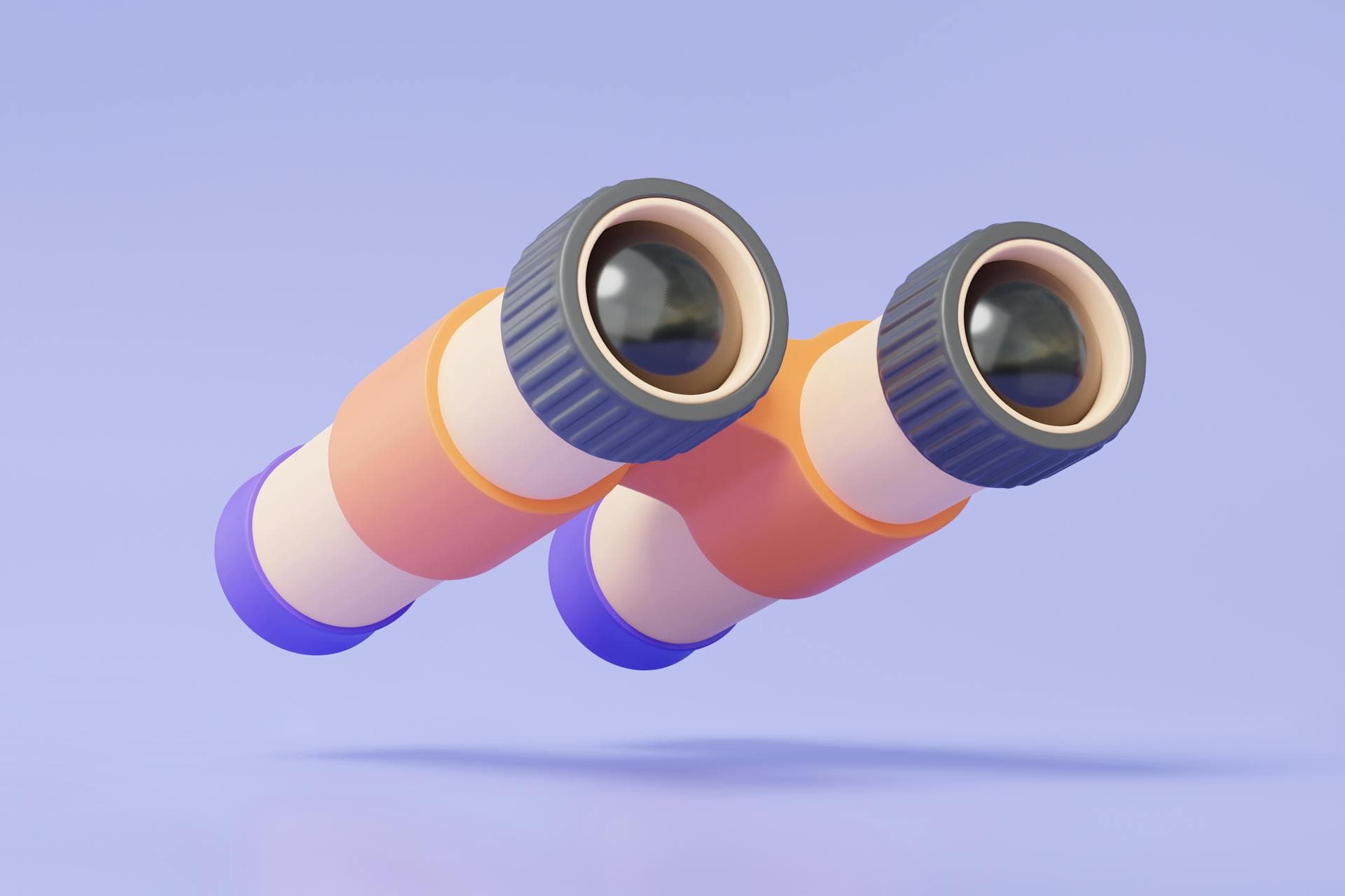 Ein Bild eines Fernglases auf einem hellvioletten Hintergrund, das PR-Monitoring symbolisiert. 