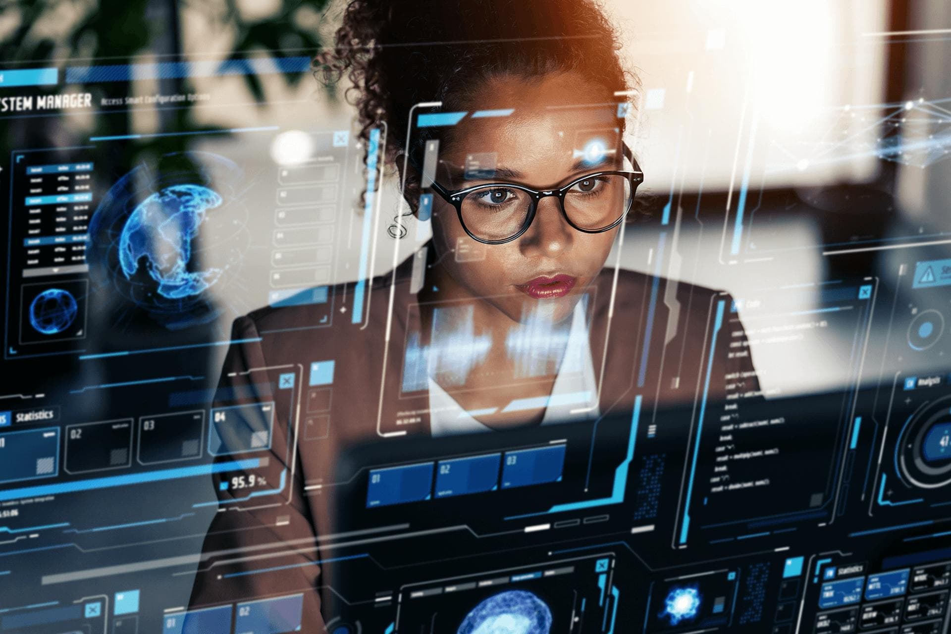 a pr professional scans a screen with different modules representing AI in PR and Communications