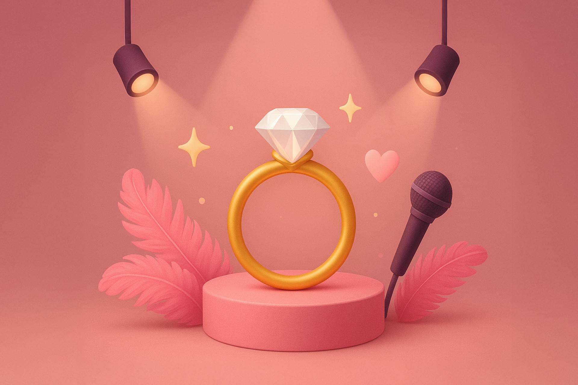 A ring is on stage under spotlights beside big pink feathers and a microphone