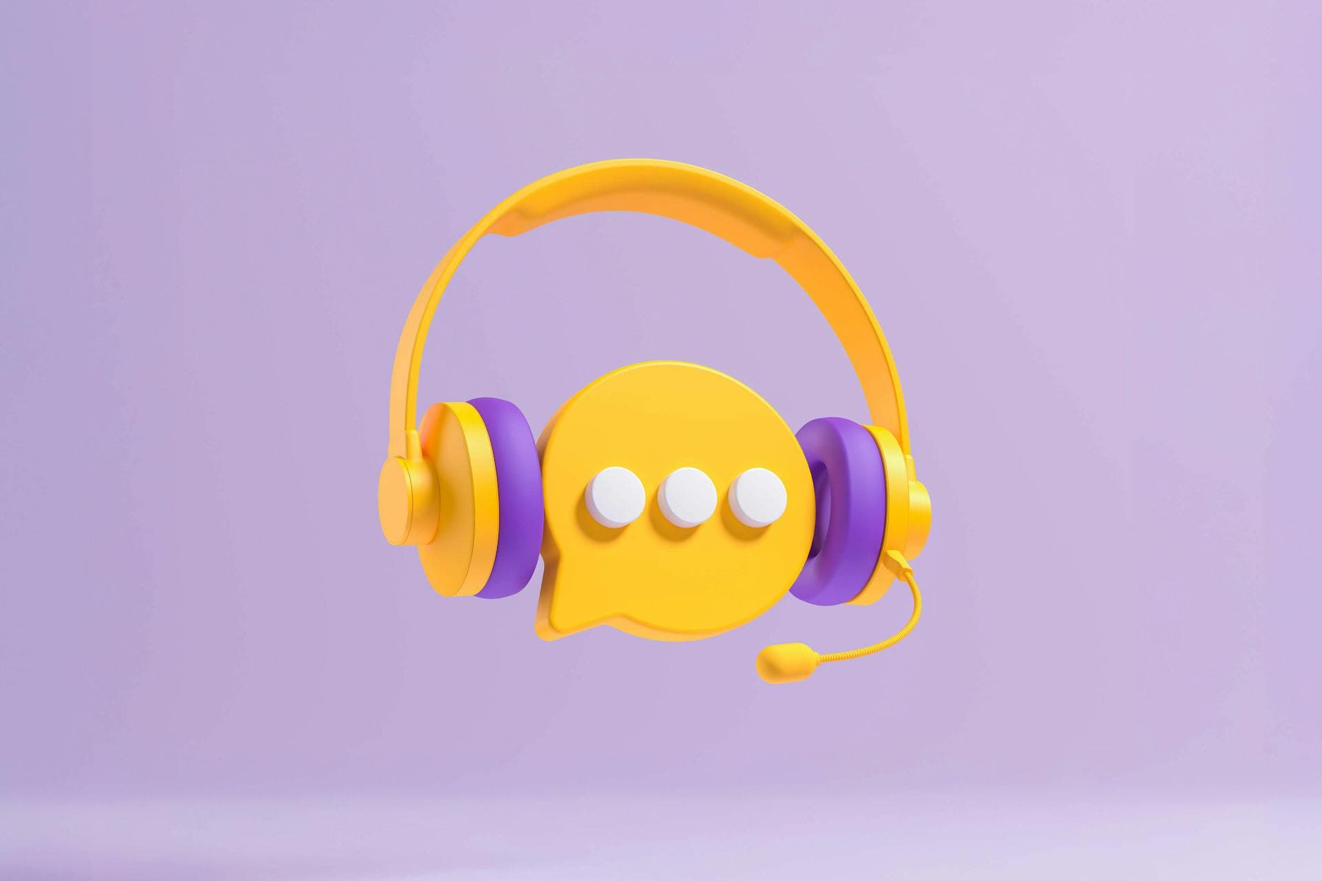 illustration of a yellow chat bubble wearing a headset on a purple background representing social media in customer care
