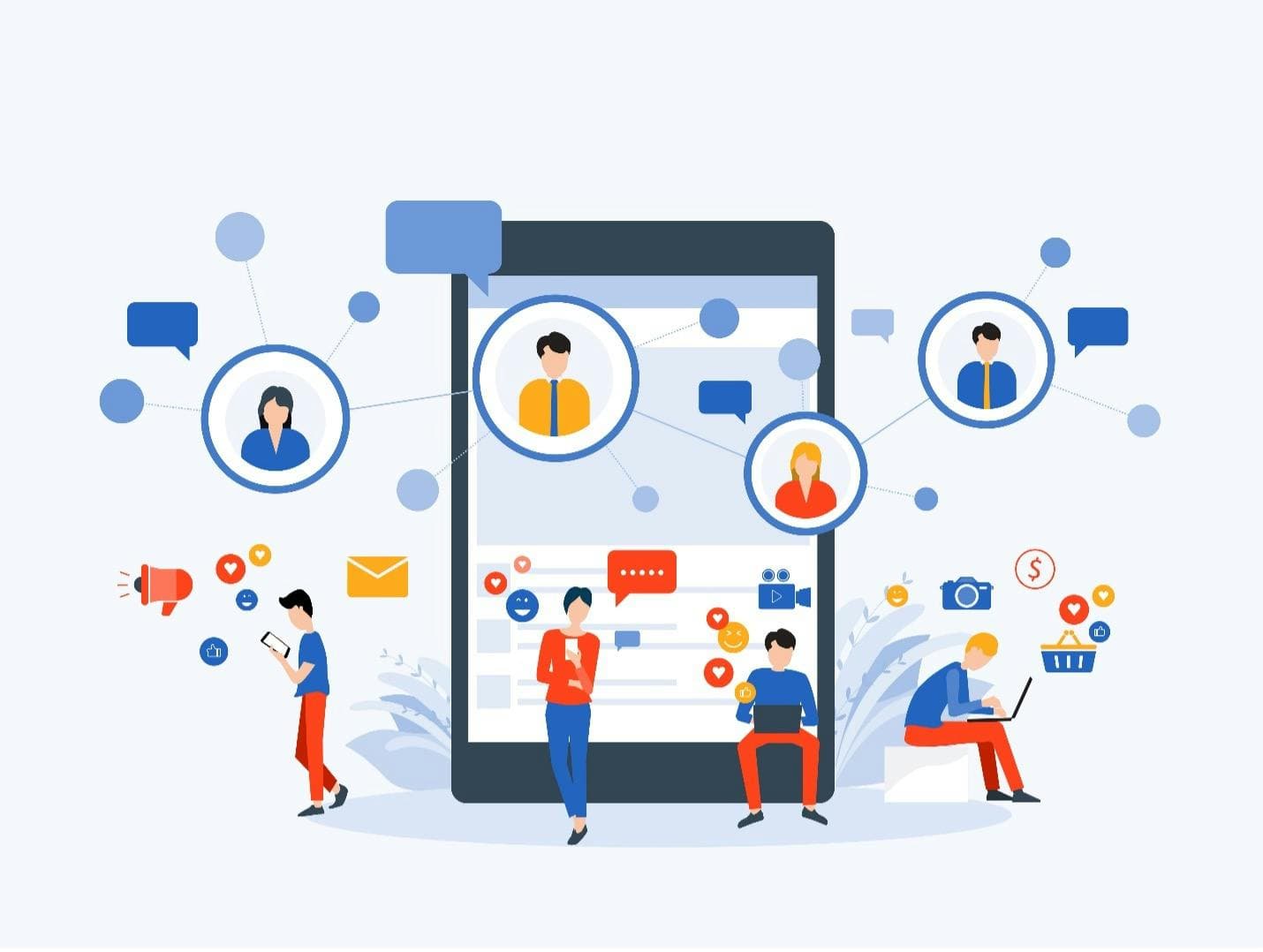 An illustration of a gaint tablet with four small people sitting around the tablet looking at different devices that have icons associated with social media analytics, such as hearts, Likes, and emails, floating above them. 
