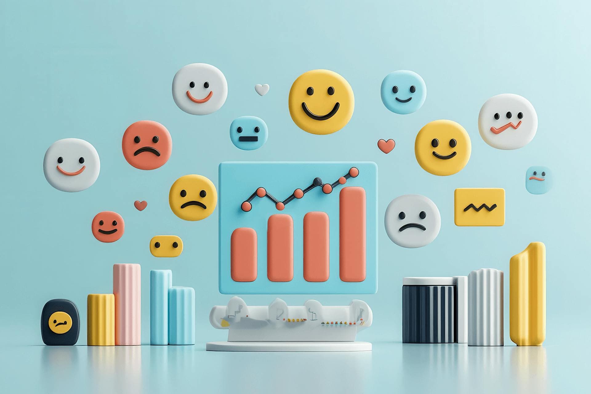illustration of different smiley face emojis above a chart representing sentiment analysis tools