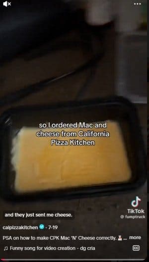 mac and cheese from california pizza chicken post on tiktok