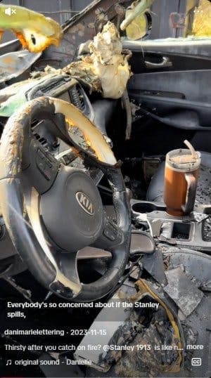 stanley cup in a destroyed car