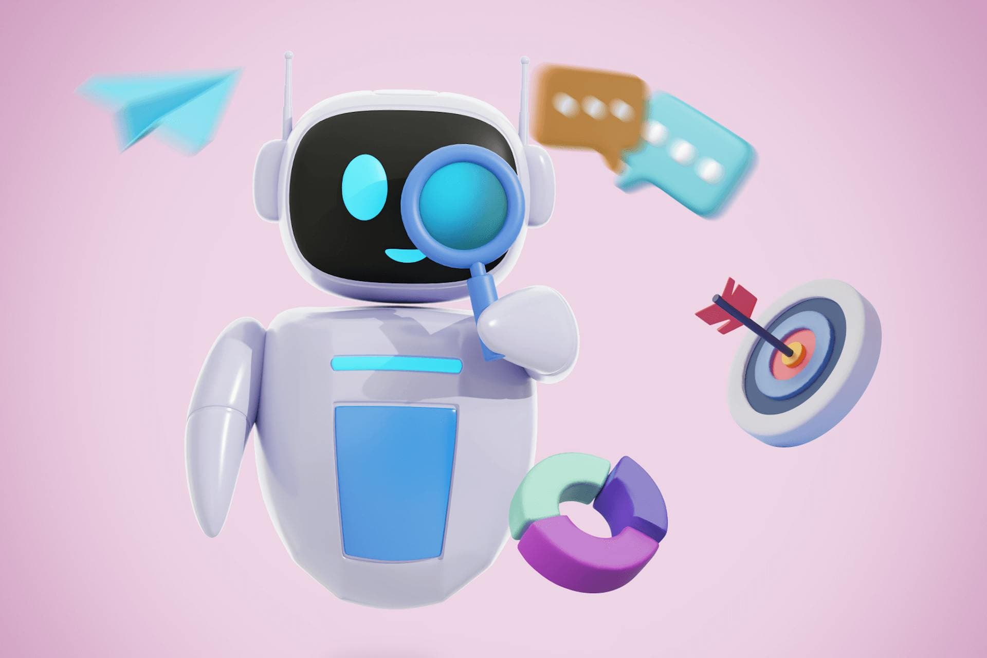 illustration d'un robot avec une loupe entourée de graphiques et d'icônes représentant des informations sur le marketing aérien