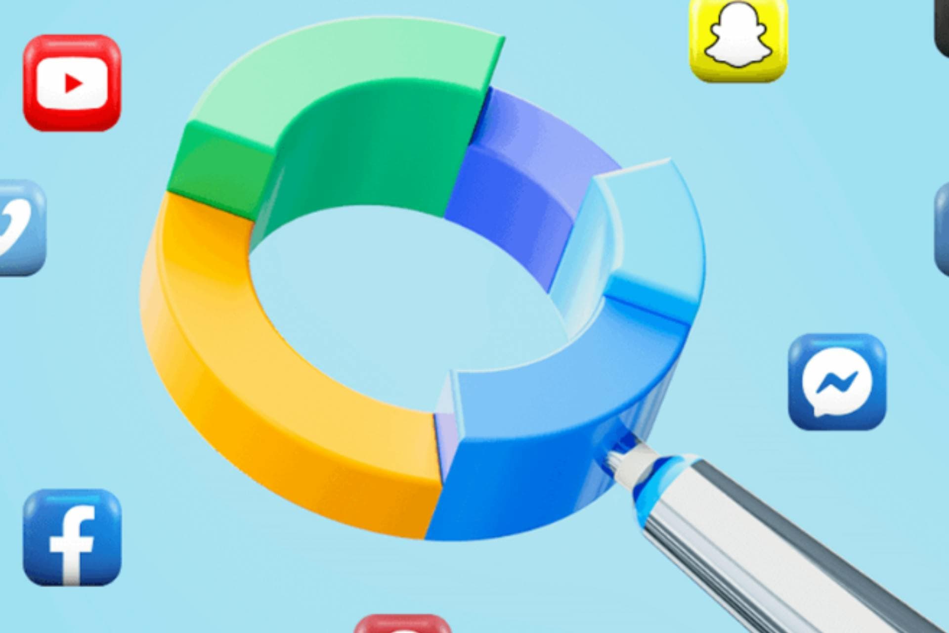 Eine Lupe mit Social Media Icons drum herum