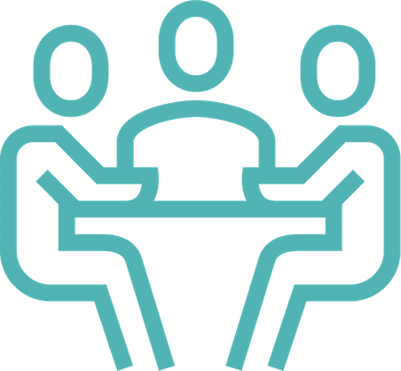 An icon displaying three people sitting at a table and having a meeting