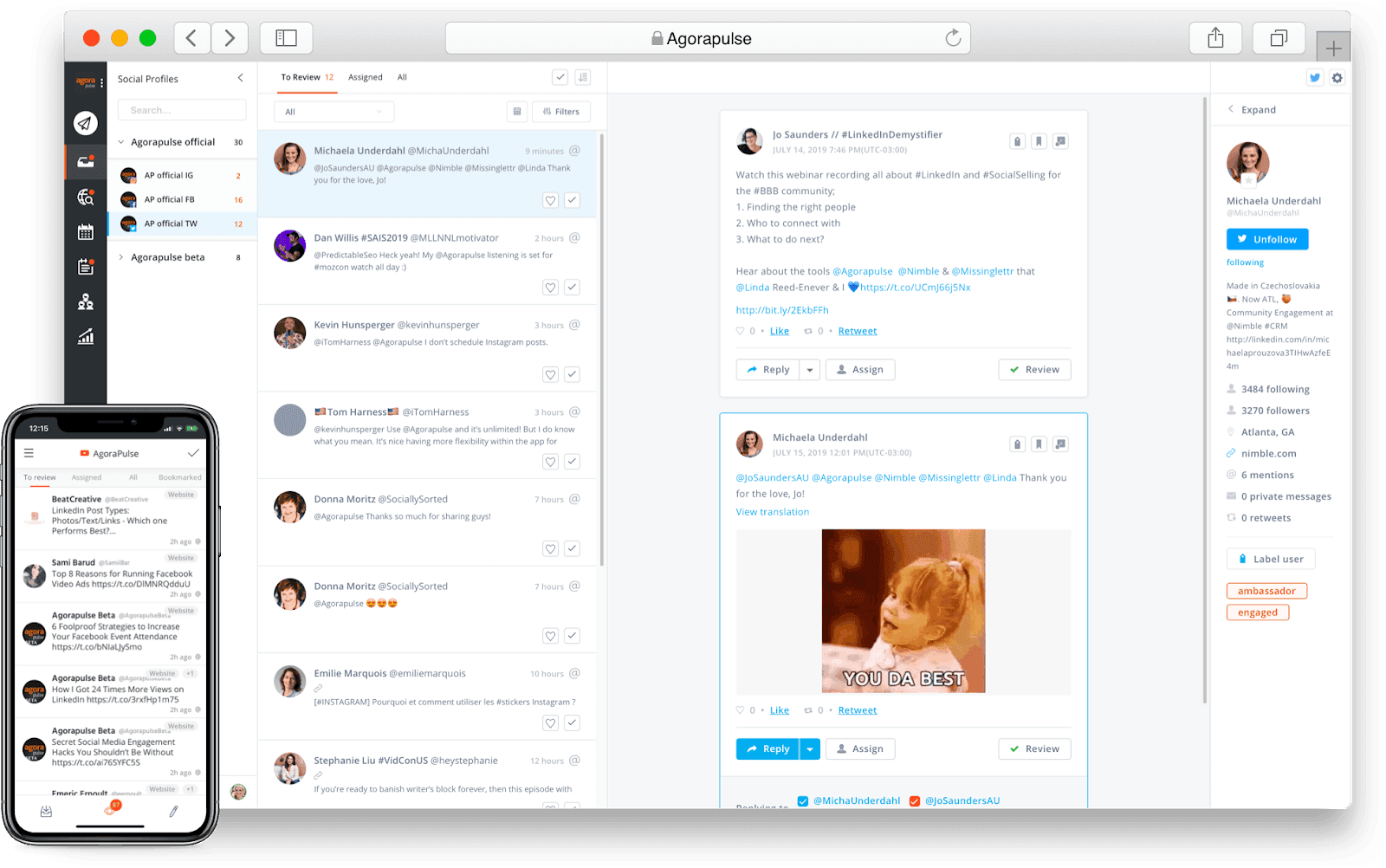 Agorapulse inbox for social monitoring tool shown on mobile and desktop screens