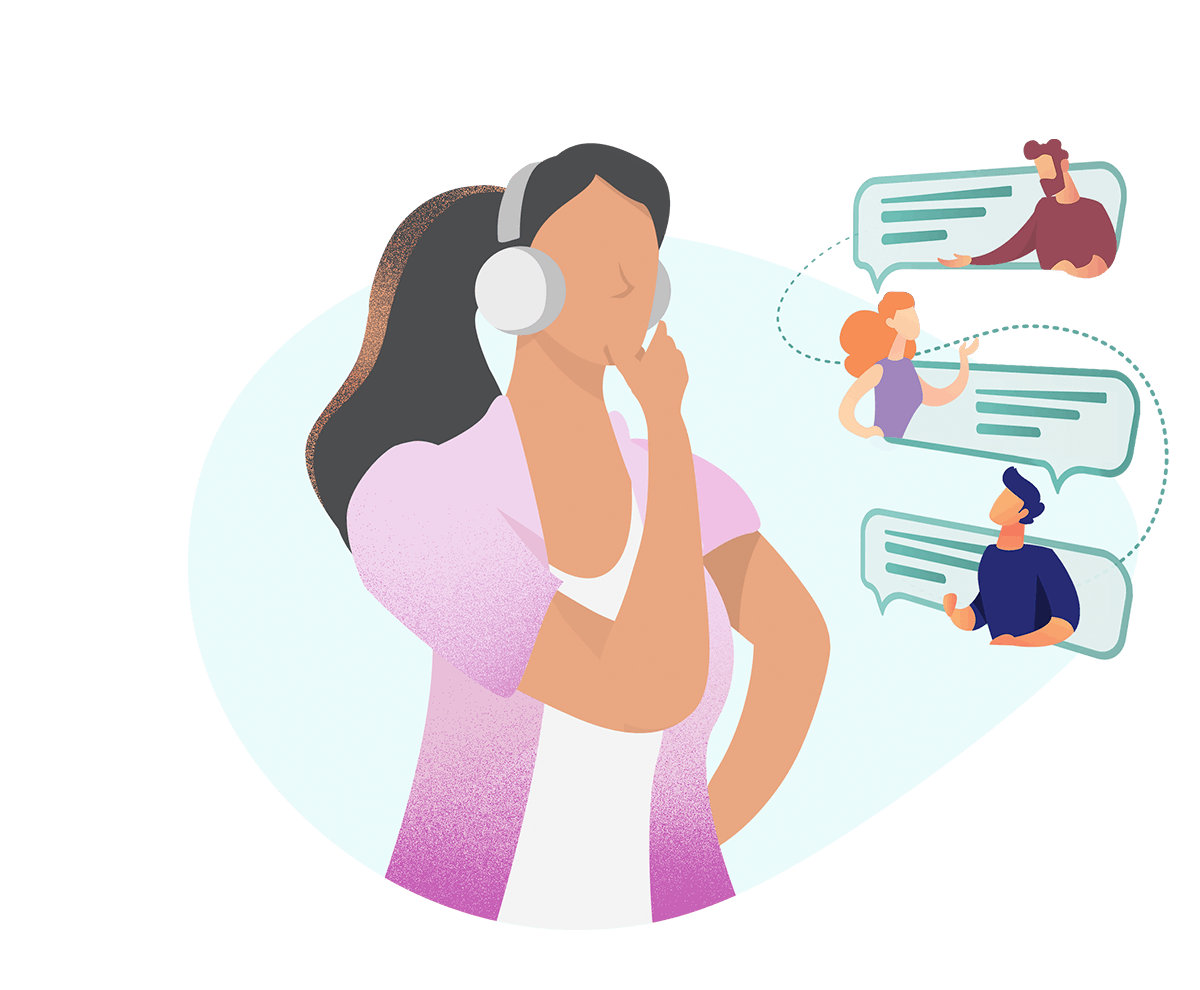 Meltwater icon of a woman with headphones listening to conversations on social media